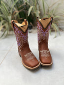 BOTA TEXANA TRIBAL LILÁS FLORÃO BEGE COURO MARROM