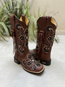 BOTA TEXANA LASER CRUZ BRIDÃO GLITTER PRETO COM METAIS COURO MARROM COM TIRINHAS