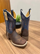 Texana Davi - Couro Napa Flay Azul e Horse Nescau/Bordado Touro Marrom