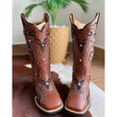 Bota Texana - Couro Látego Bordado Florência Preto e Bege Com Strass