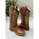 Bota Texana - Couro Caramelo Bordado Laser Gliter Dourado