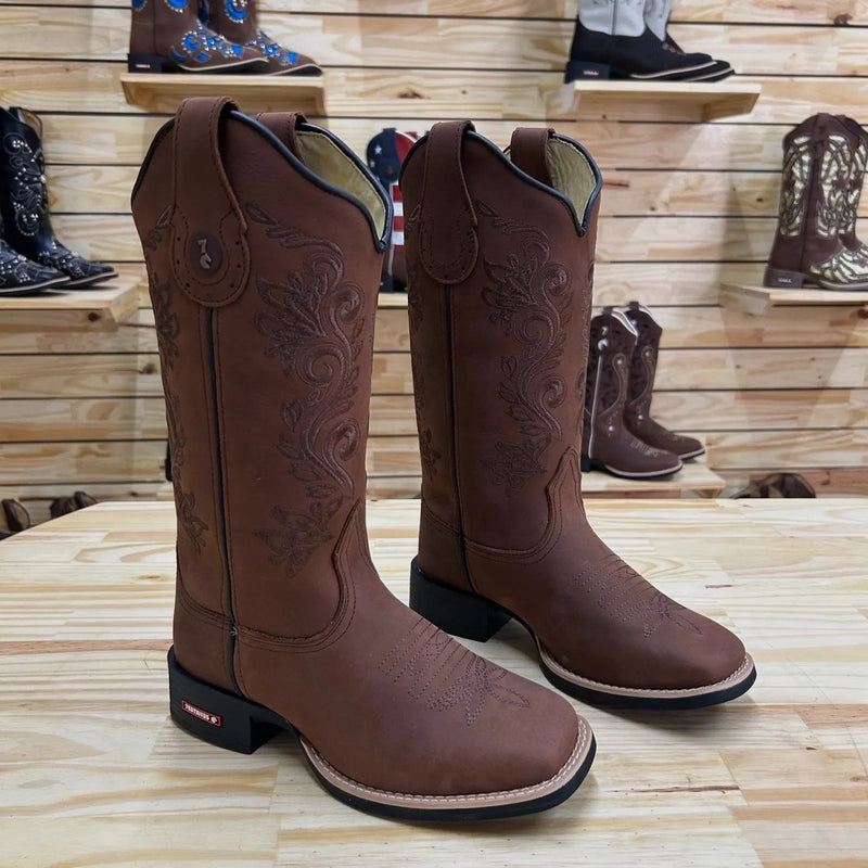 BOTA TEXANA - COURO HORSE NESCAU BORDADO RAMOS + FLORÃO MARROM