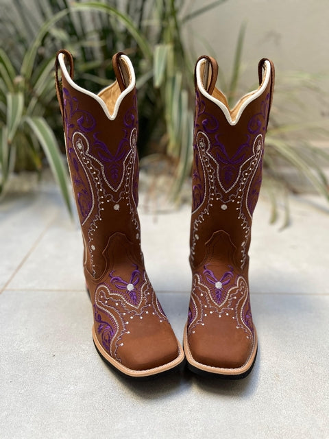 BOTA TEXANA TRIBAL ROXO E BRANCO COURO MARROM - Imagem 2
