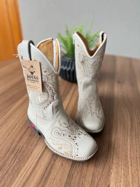 Texana Alice Infantil - Couro Off-White/Bordado Tribal Bege - Imagem 2