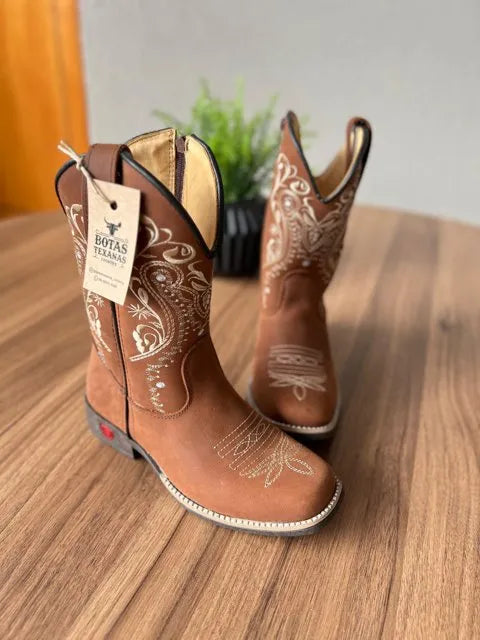 Texana Alice Infantil - Couro Horse Nescau/Bordado Tribal Bege - Imagem 2
