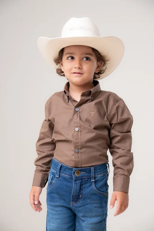 CAMISA MASCULINA MINI MANGA LONGA TEXAS FARM - MARROM CAQUI ESCURO