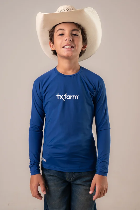 CAMISETA TÉRMICA JUVENIL UNISSEX UV50+ TEXAS FARM - AZUL INDIGO/ BRANCO