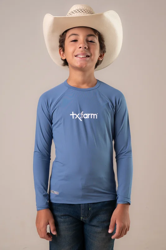 CAMISETA TERMICA JUVENIL UNISSEX UV50+ TEXAS FARM - AZUL JEANS/ BRANCO