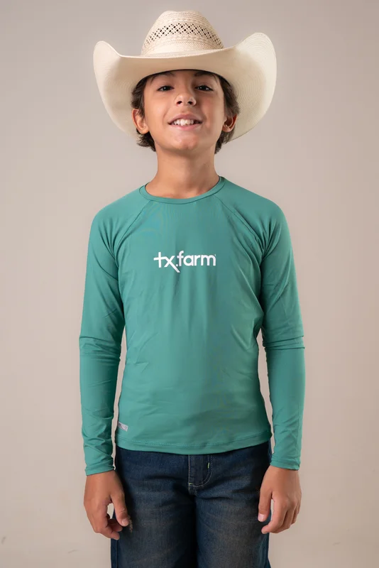 CAMISETA TÉRMICA JUVENIL UNISSEX UV50+ TEXAS FARM - VERDE JADE/ BRANCO
