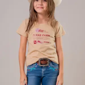 CAMISETA FEMININA JUVENIL TEXAS FARM - BEGE AREIA/ ROSA