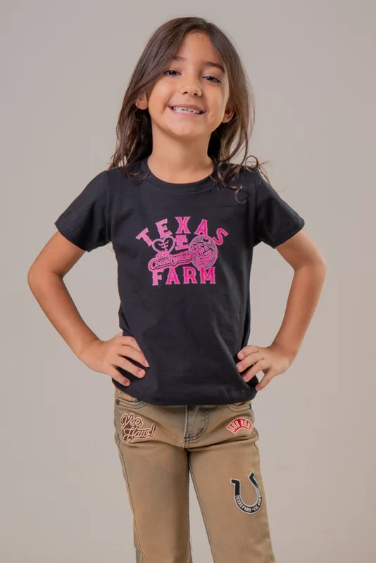CAMISETA FEMININA INFANTIL TEXAS FARM - PRETO/ ROSA