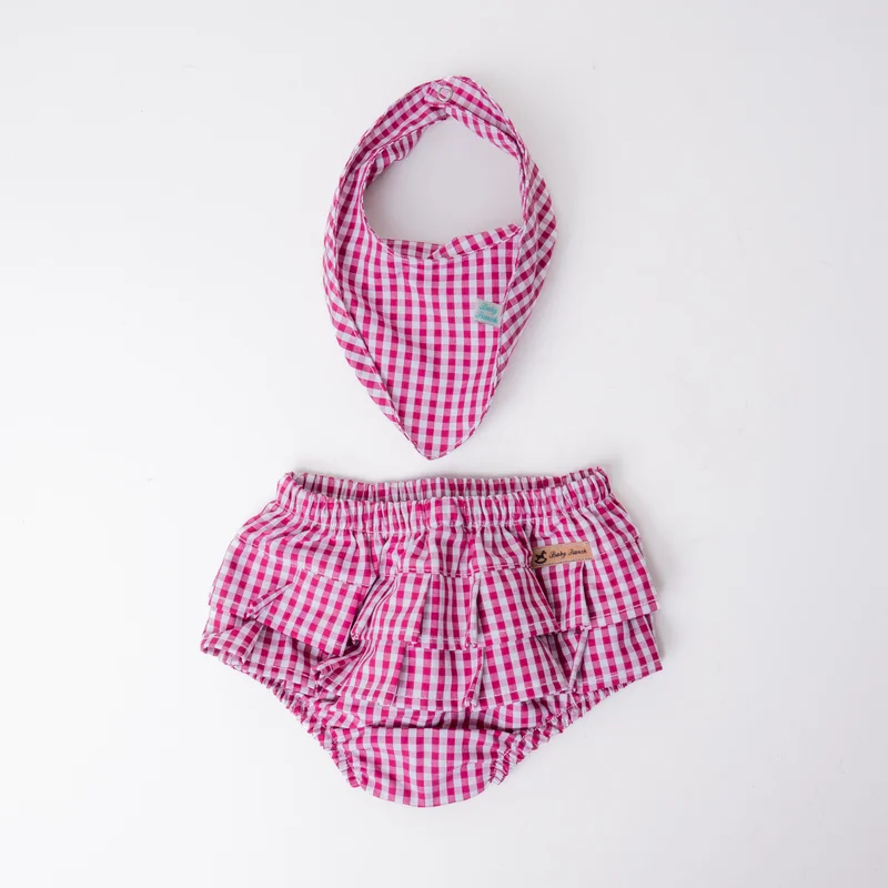 CONJUNTO TAPA FRALDA/ BANDANA FEMININO BABY RANCH - XADREZ VERMELHO/ BRANCO
