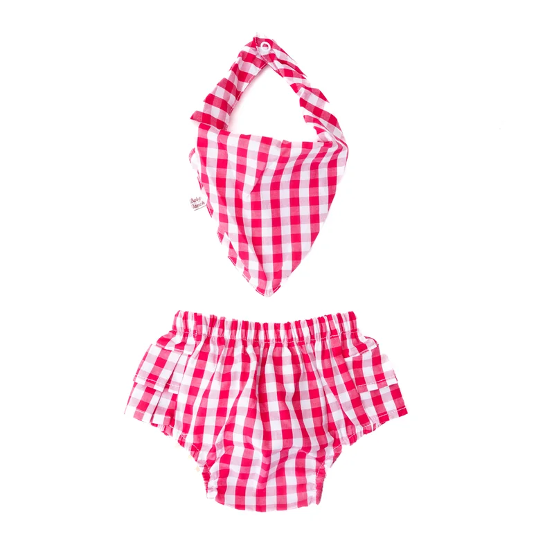 CONJUNTO TAPA FRALDA/ BANDANA FEMININO BABY RANCH - XADREZ VERMELHO