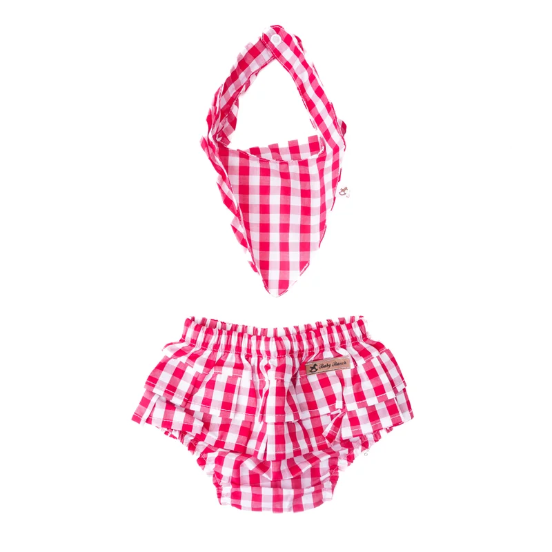 CONJUNTO TAPA FRALDA/ BANDANA FEMININO BABY RANCH - XADREZ VERMELHO - Imagem 2